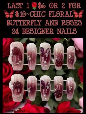 🆕LAST 1🌹$6 OR 2 FOR $10~CHIC FLORAL BUTTERFLY AND ROSES 24 DESIGNER NAILS